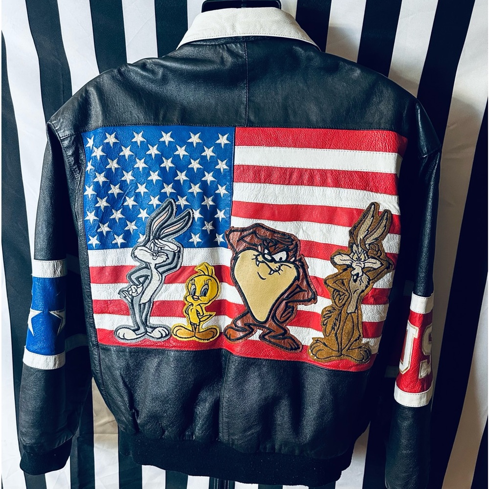 Looney Tunes Characters Vintage USA 🇺🇸 Flag Leather Bomber Jacket